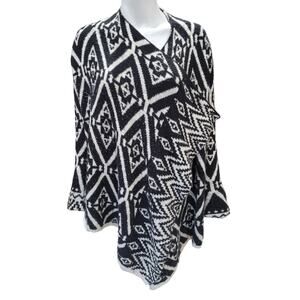 Knox Rose Boho Knit Cardigan Black White Geometric Open Front Cozy Layer